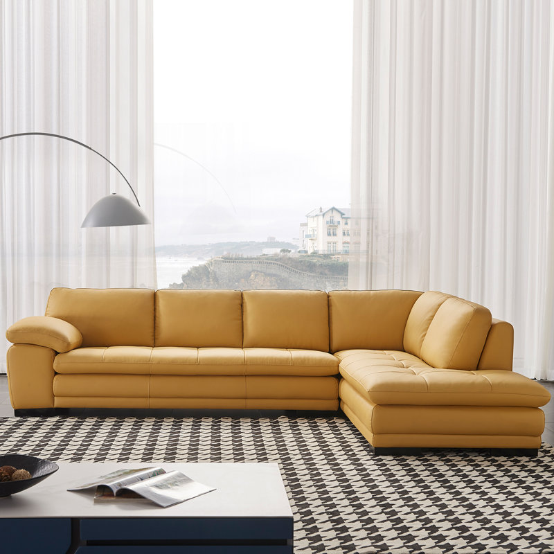 126" Wide Leather Match Sofa & Chaise, Right Hand Facing, Yellow Leather
