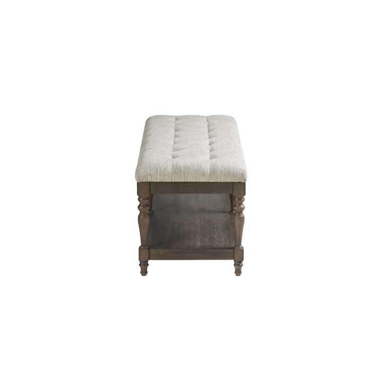 Elegant Ivory Tufted Accent Bench with Turned Legs and Shelf