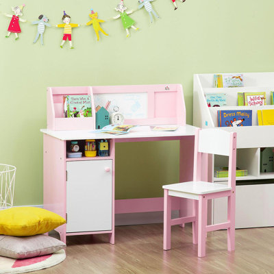 Qaba Toddler Desk And Chair Set, Kids Writing Desk Study Table For Children With Whiteboard, Storage Cabinet, Child Furniture, Art Gifts For Kids, Pink