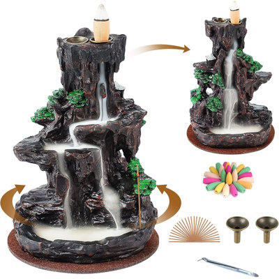 Brûleur d'encens en cascade, brûleur d'encens à refoulement, porte-encens en résine de montagne avec 30 bâtons d'encens et 120 cônes d'encens à refoulement, brûleur d'encens moine pour bureau, salle de yoga, double face