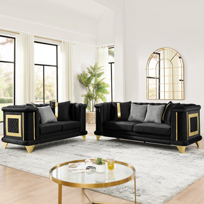 Mid-Century moderne victorien 2 pièces luxe velours noir, 89 pouces 3 places et 69, design, 7 coussins exquis pour le salon principal moderne, victorien, 2 pièces, luxe, places, coussins, style de chambre