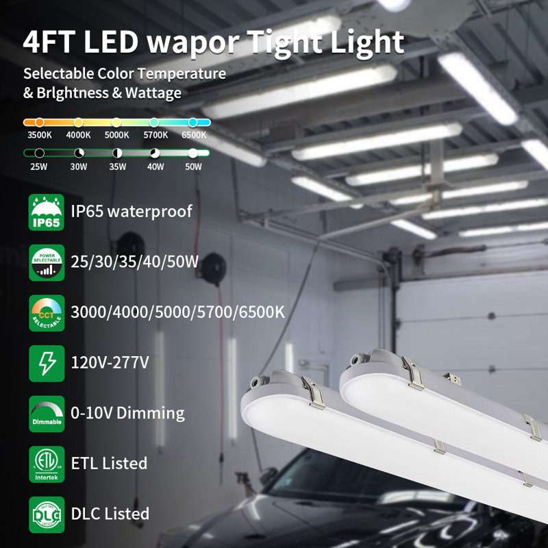 Luminaire étanche à la lumière 120-177v commercial et étanche à la vapeur de 4 pieds, gradation 0-10v, Ip65 imperméable, 50 watts réglable et cct pour les garages de lavage de voiture de congélateurs, paquet de 9