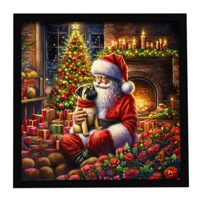 «Fawn Pug and Santa Claus», reproduction d'art encadrée