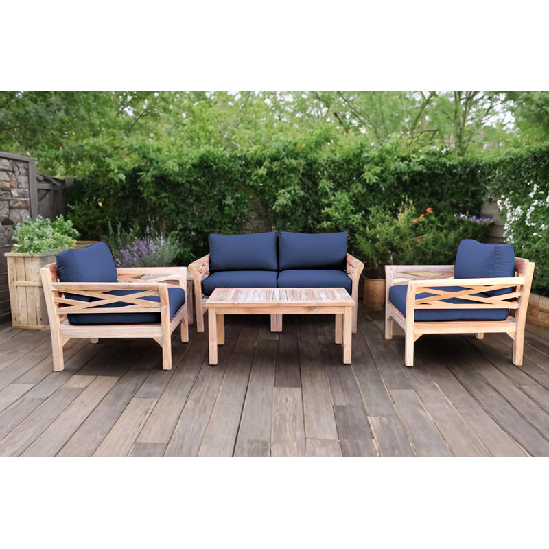 Monterey Outdoor Teak Conversation Set, 4 Pcs:  Loveseat,Chair,Cushion,Table, Navy