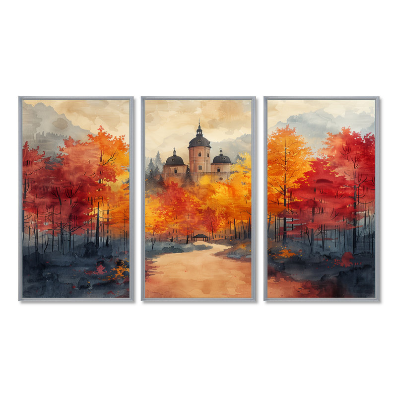 - Ensemble de salon d'art mural Chateaus, H 28 po x l 36 po x P 1 po, Toile argentée avec cadre flottant