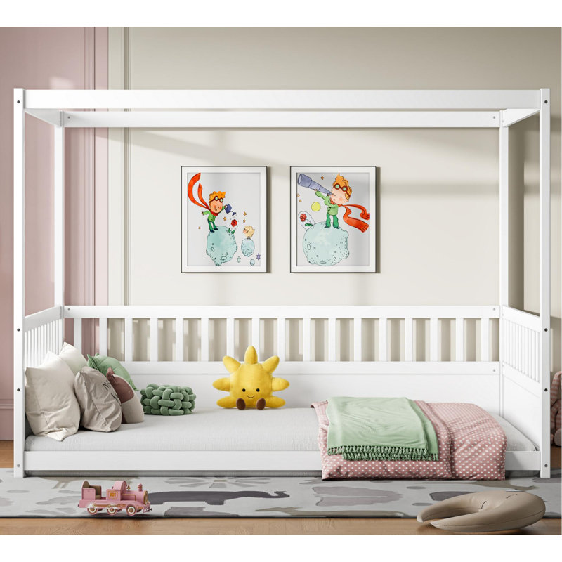 Full Size Canopy Bed Frame With Guardrails For Kids,floor Bed Full With Four Poster Design