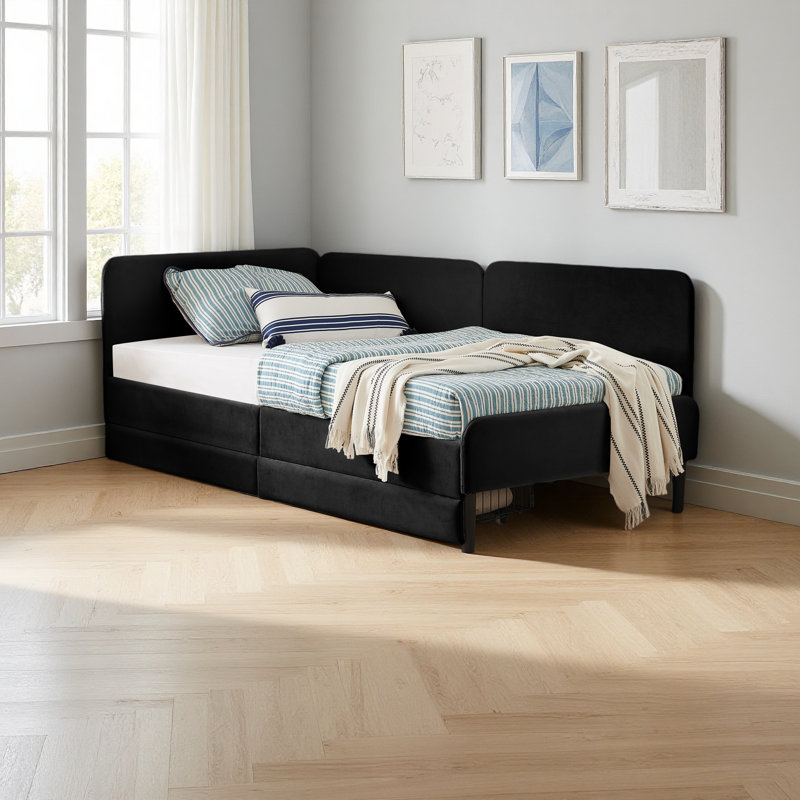 Upholstered Platform Bed Frame With 2 Storage Drawers, Adjustable Velvet Sofa Bed, Twin, Black