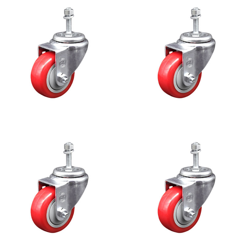 Ensemble de roulettes à tige filetée en polyuréthane pivotant 10 mm 3 pouces SCC, Rouge