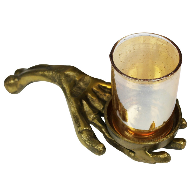 Skeleton Hand With Glass Votive, Brass