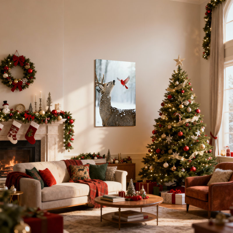 Cerf de Noël et cardinal dans une forêt enneigée, ensemble de 3 impressions sur toile, H 30 po x l 20 po