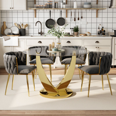 7-Piece Round Glass Dining Table Set, with 6 Upholstered Velvet Chairs