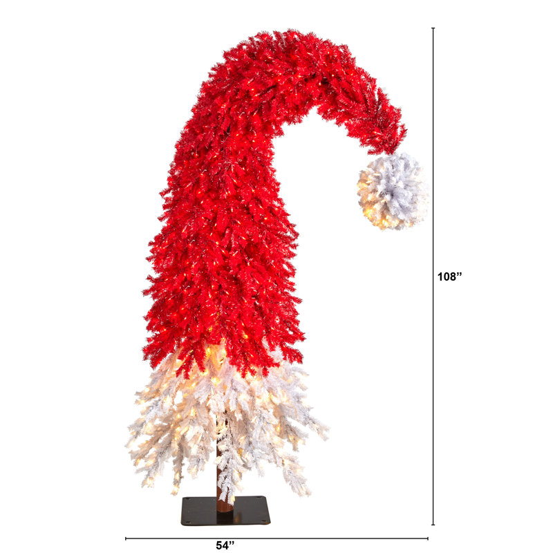 9' H Santa Hat White/Red Artificial Christmas Tree Prelit with 600 LED Lights