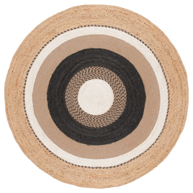 Natural Fiber Handwoven Jute & Cotton Geometric Rug in Natural/Black, Round 5'