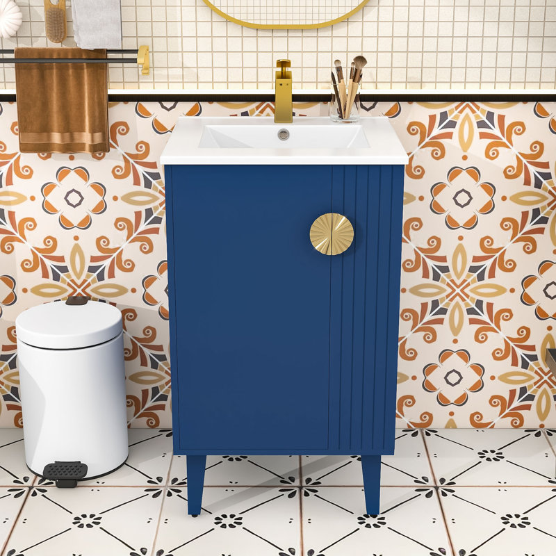 Meuble-lavabo autoportant avec lavabo en céramique, armoire de rangement et tablettes ouvertes, Bleu
