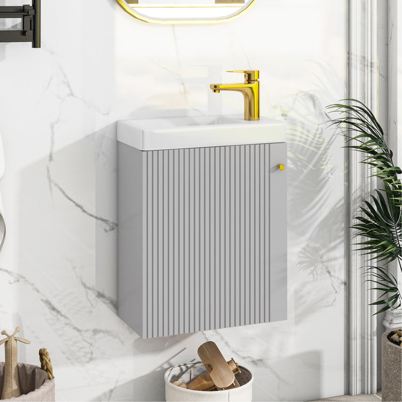 Meuble-lavabo mural avec lavabo en céramique et porte à fermeture en douceur, Gris