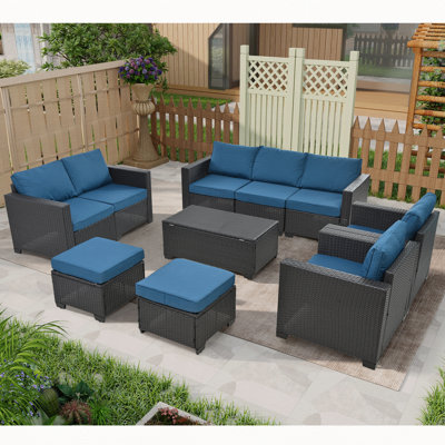 Ensemble de mobilier de patio en rotin 10 pièces, ensemble de canapé modulaire, ensemble de mobilier d'extérieur avec coussins et table basse en verre trempé