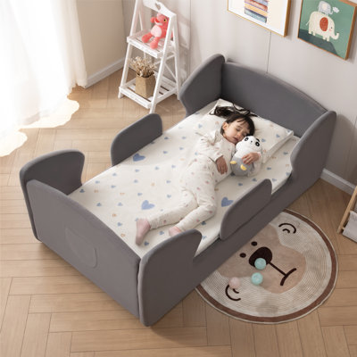 Toddler Floor Bed Frame with Removable Safety Rails and Storage Bag, Kids Bed for Girl and Boys, Standard Crib Size Portable Beds, Safety Upholstered by Harriet Bee