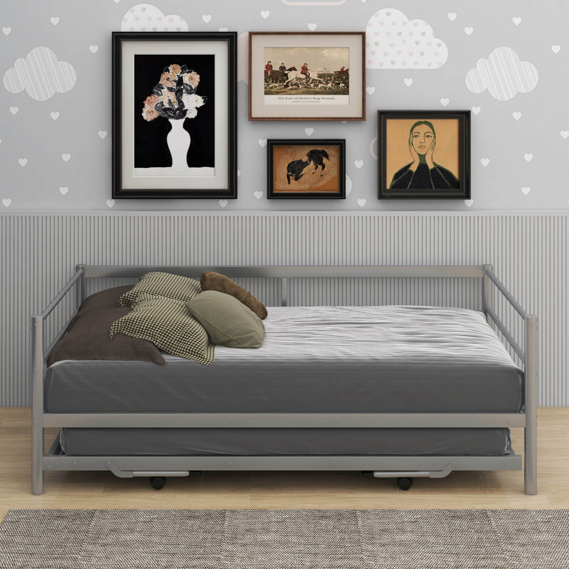 Twin Size Metal Daybed With Adjustable Trundle, Silver