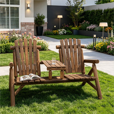 Banc deux places en bois massif, alliant finitions en bois carbonisé, poids : 20,8 kg.
