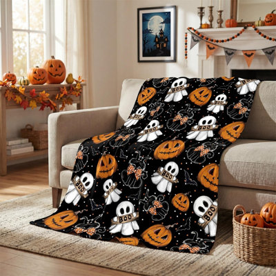 Jeté d'Halloween en flanelle, Jack-O-Lantern, fantôme, chat, pois, douces, douillettes, douillettes, douillettes, pour canapé-lit, cadeaux idéaux pour les adultes, 50 x 60