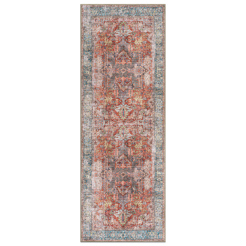 Labarbera Oriental Machine Washable Red/Blue Non-Slip Backing Area Rug, Runner 2'6" x 10'