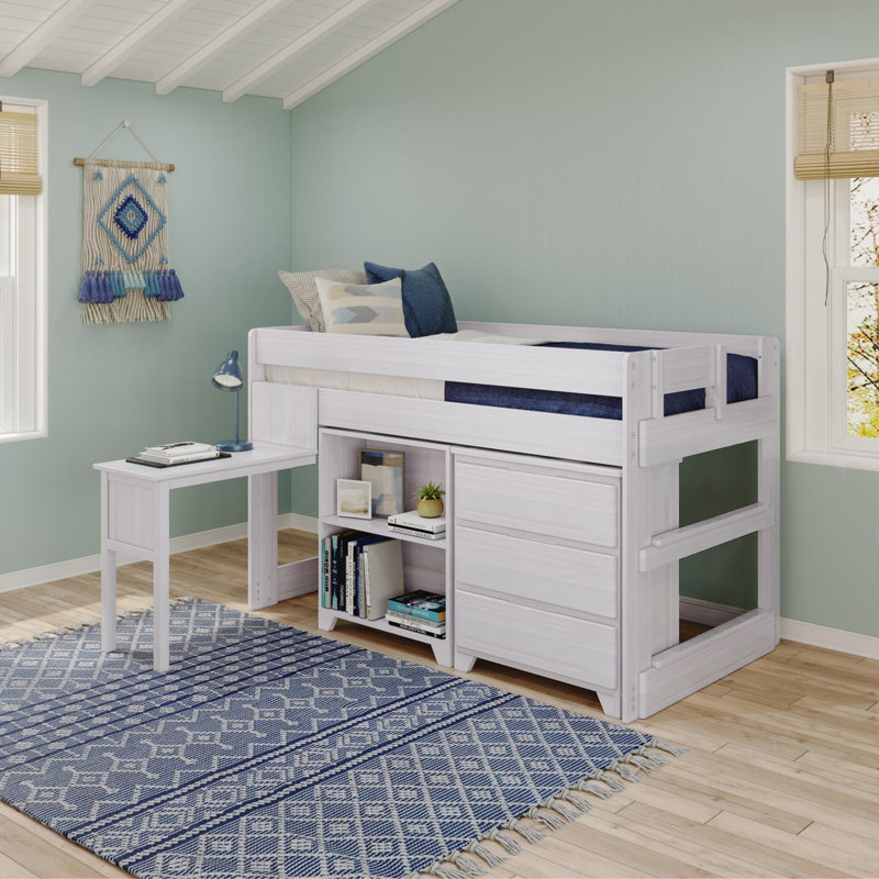 Decimus Kids Twin Loft Bed with Drawers, White Wash