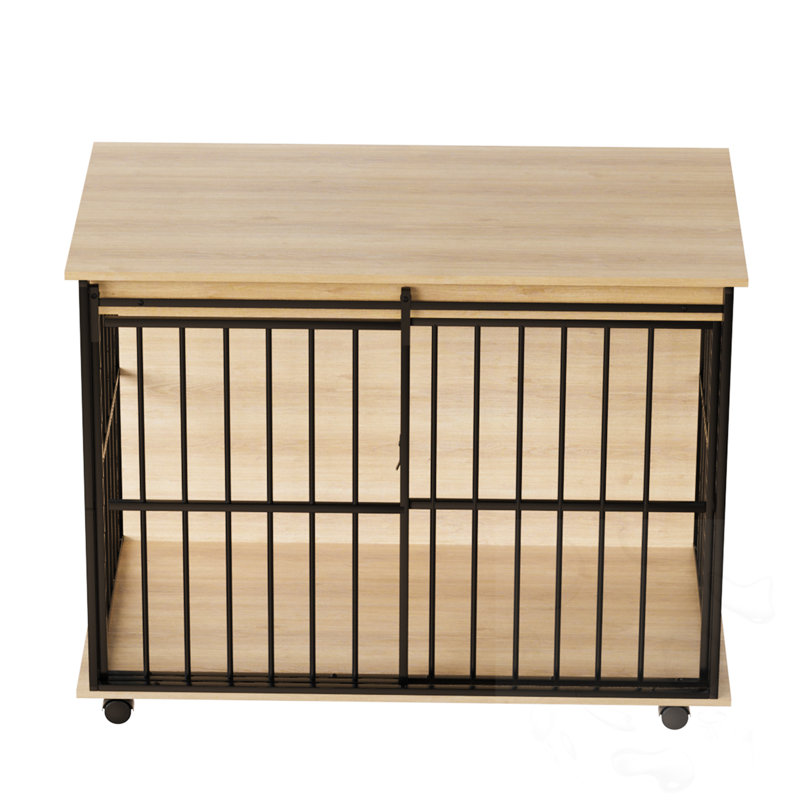 Cage pour chien avec plateau et roues, Noir/naturel