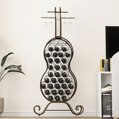 Freestanding Wine Shelf In Antique Brown, Rustic Gold, Metal, Space For Kitchen & Dining, Displays Wines And Liquors Metal Rack With Appeal, Cello Shape, Stores Liquor