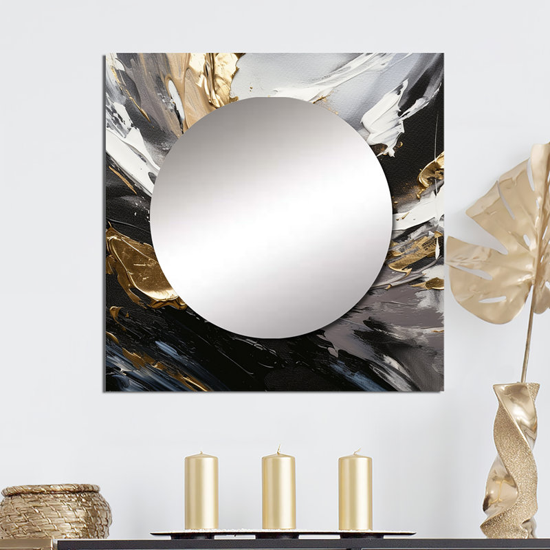 Art mural en miroir abstrait et rythmique noir et doré III, 23 po x 23 po