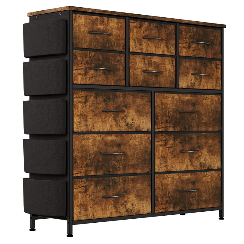 Organisateur de commode haut en tissu à 12 tiroirs - Structure en métal robuste, plateau en bois, poches latérales et crochets - Armoire de rangement peu encombrante pour chambre à coucher, salon, couloir - brun rustique