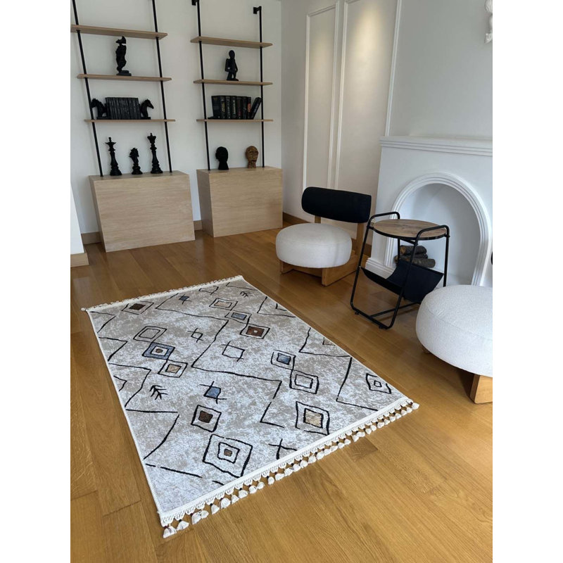 Coton imprimé marocain beige Toscana; Tapis chenille antidérapant, Rectangle 3 pi 11 po x 8 pi 10 po