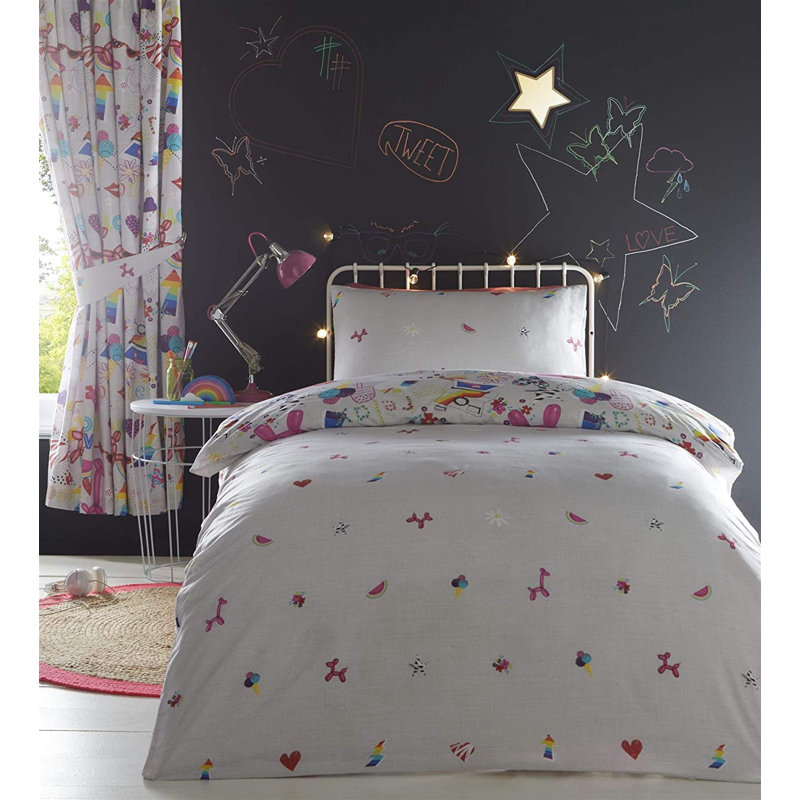Nila White/Pink/Yellow/Blue 56 TC Reversible Duvet Cover Set, 200 x 200cm Duvet Cover + 2 Standard Pillowcases