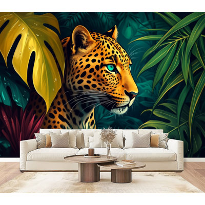 Peel and Stick Wallpaper Leopard Jungle Vibrant Green Foliage Detailed Spots Wall Murals 69"H x 96"W Removable PVC Wall Paper Self-Adhesive Wall Decor for Bedroom Living Room Home Office