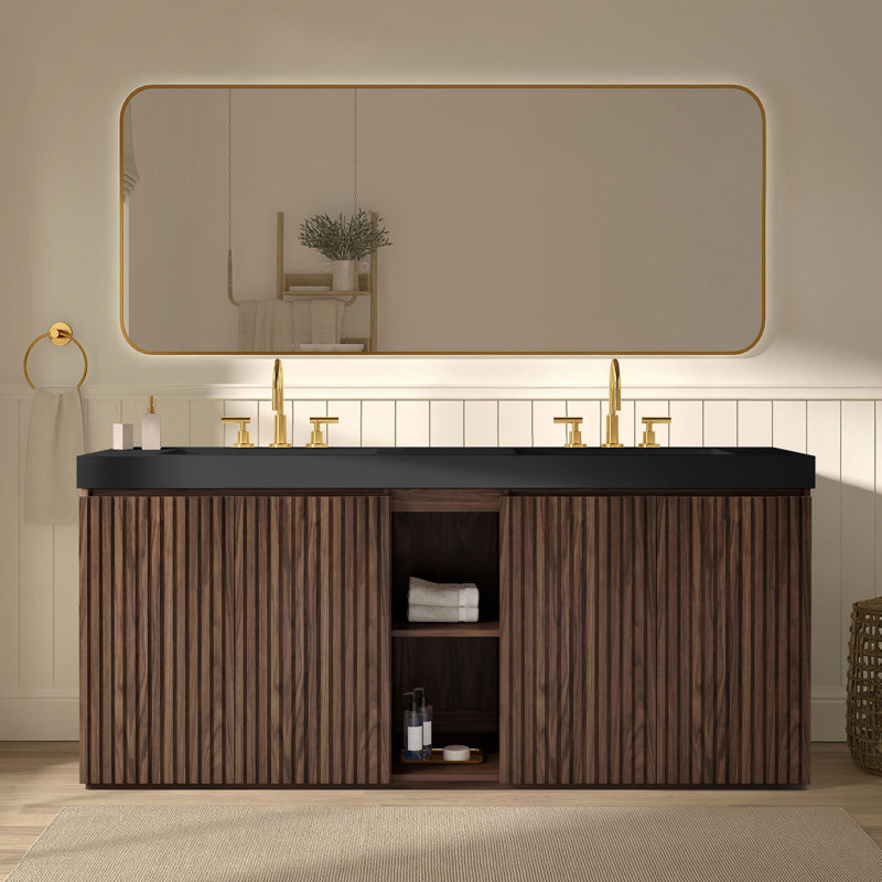 Meuble-lavabo double 72 po avec surface solide, Noir / brun, Espacé