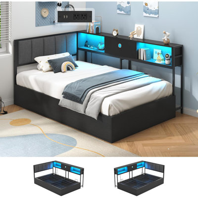Twin Size Corner Bed With Hydraulic Storage,Twin Daybed With Bookcase And Charging Station,Lift Up Storage Bed Frame With Upholstered Headboard And Led Lights,Metal Platform Storage Bed,Black