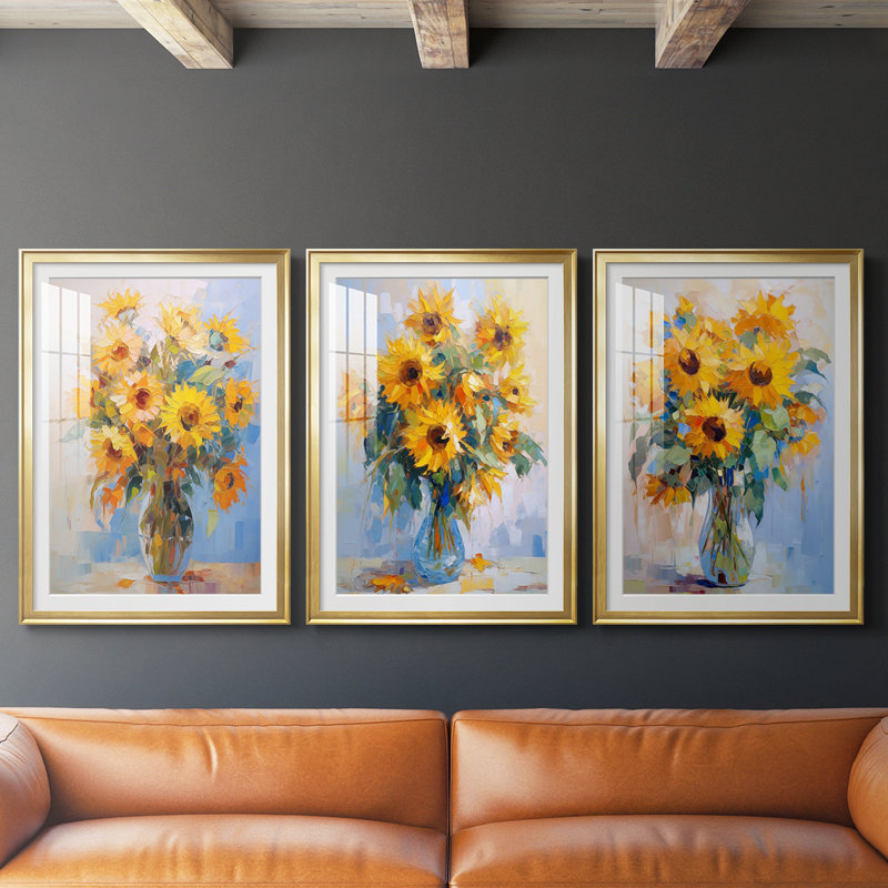 FLORAL Series CDLXIX - Impression encadrée sur mesure de qualité supérieure - 3 pièces, H 15 po x l 19 po, Doré