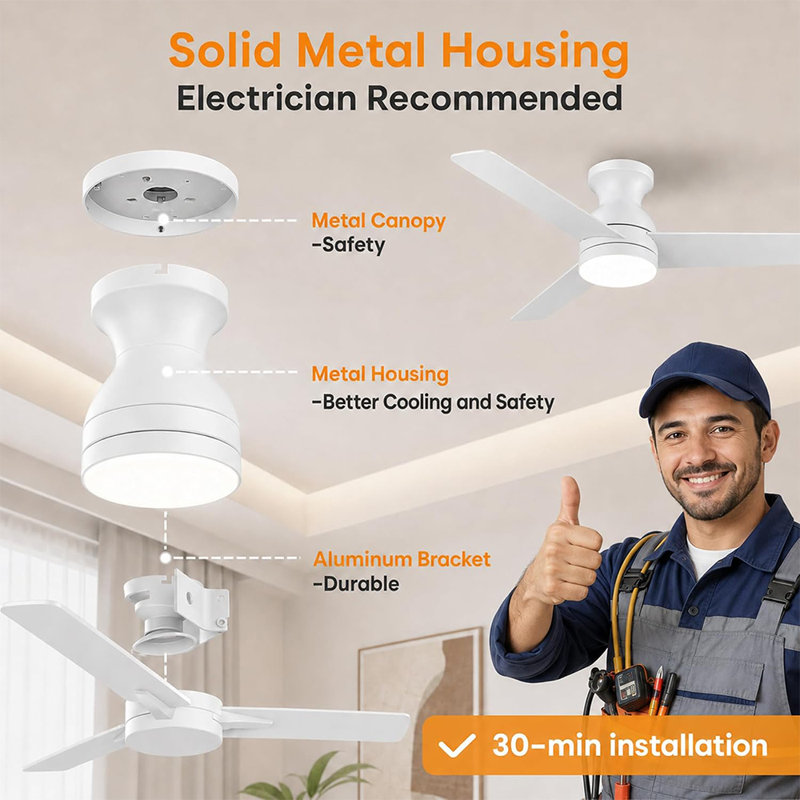Ventilateur de plafond à profil bas de 42 po avec éclairage et télécommande, ventilateur à 3 pales avec DEL à intensité variable, moteur silencieux et vitesses réglables