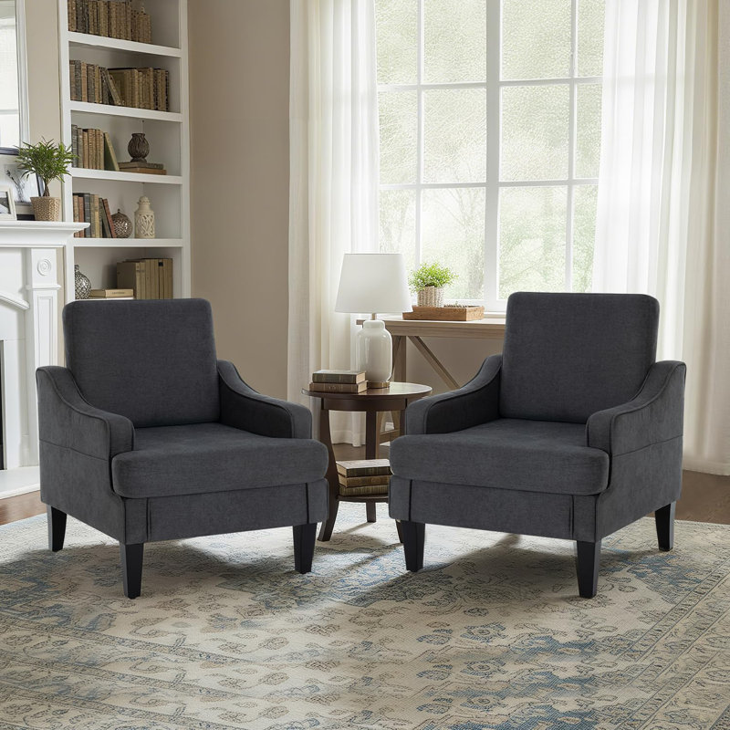 Modern Accent Chairs Set Of 2 Upholstered Reading Chair For Bedroom With Side Pockets Comfy Living Room Chairs Living Room Armchair For Office, Apartment (Charcoal Towel)