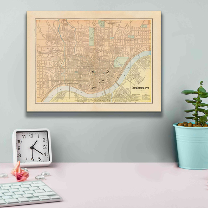 Carte de Cincinnati par Wild Apple Portfolio - impression sur toile tendue, H 12 po x l 16 po x P 0,75 po