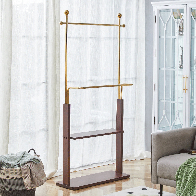  Portemanteau double couche avec cadre doré, tablette en bois massif et porte-chapeaux