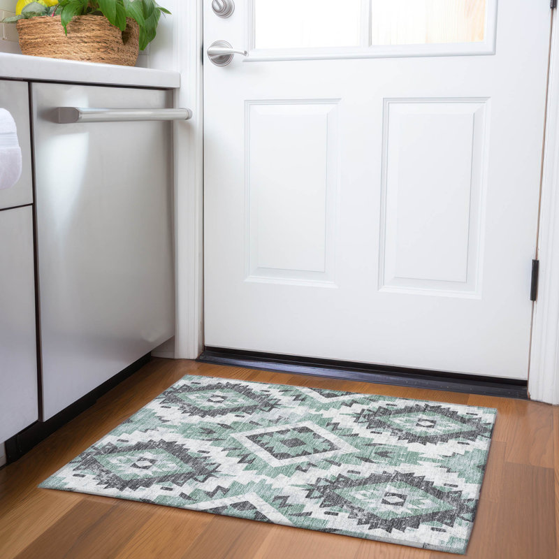 Machine Washable Indoor/Outdoor Xhevrie Seafoam Rug, Rectangle 1'8" x 2'6"