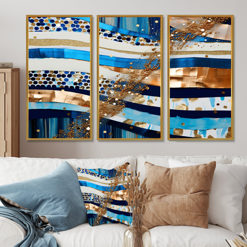 Ensemble de salon art mural Blue Sparkling, Cadre flottant doré, H 28 po x l 36 po x P 1 po