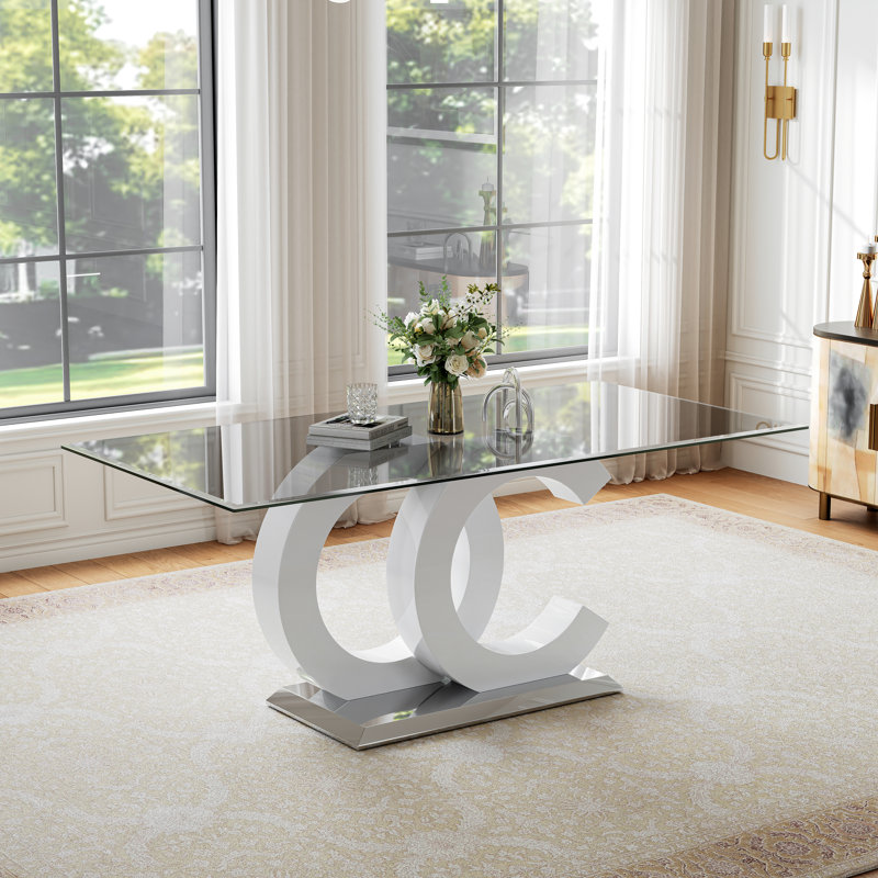 70" Glass Dining Table, Clear Tempered Glass Top with Glossy OC-Shaped Legs and Polished Mirror Stainless Steel Base
