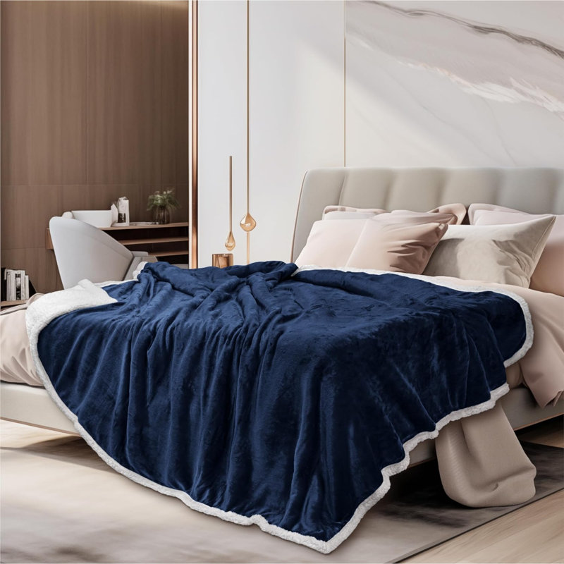 Navy Blue Sherpa Fleece Reversible Throw Blanket
