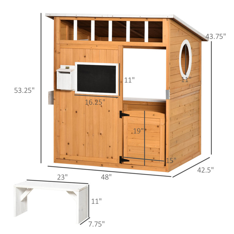 Outsunny Wooden Kids Playhouse with Bench and Flower Pot Holder