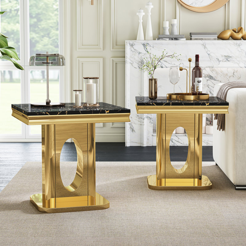 22.83" Square Marble End Table, Modern Faux Marble Top, Luxury Mirrored Polished Stainless Steel Round Hollow Base, Black
