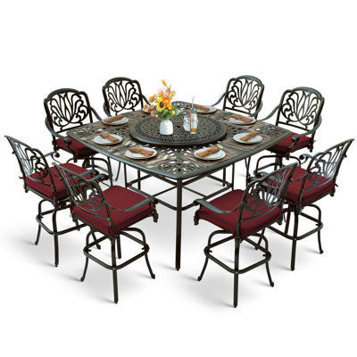 10-piece Outdoor Bar Set, All Weather Cast Aluminum Patio Bar Furniture With 8 Cushioned Swivel Bar Stools, Large 64" Square Patio Bar Height Table Wi