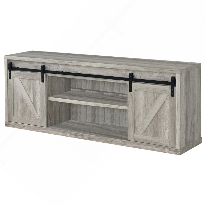 Meuble télé rustique à 2 portes en bois flotté gris avec construction durable et grand rangement, parfait pour un décor moderne et traditionnel.
