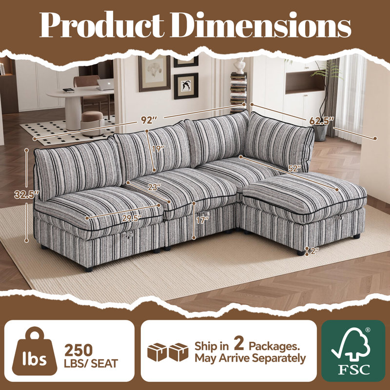 Canapé modulaire surdimensionné à 4 places avec housses amovibles et rangement, canapé modulaire convertible en forme de U / L