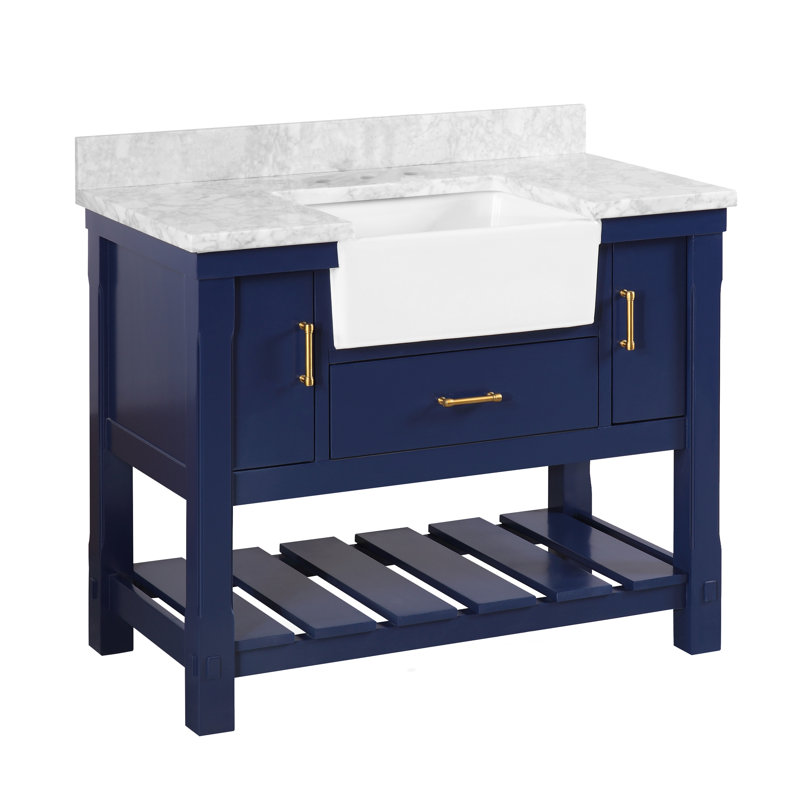Hitton 42'' Single Bathroom Vanity with Top, Carrara Marble, Royal Blue